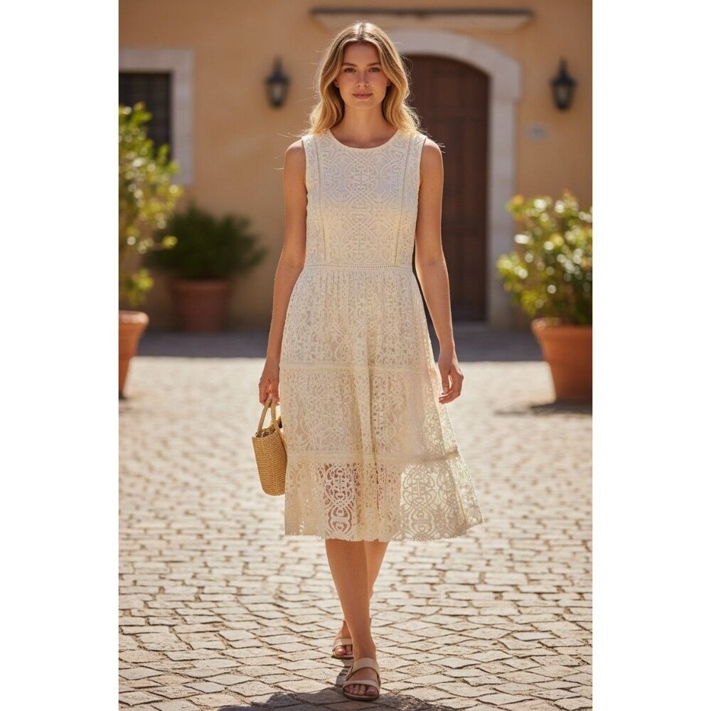 Hazel Sleeveless Lace Dress W/ Tiered Skirt & Back Zipper Ivory Small
